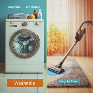 May include: A white front-loading washing machine with a stack of folded gray towels on top, next to a brown vacuum cleaner on a textured gray rug. The text "Machine Washable" appears above the washer, and "Easy to Clean" is on the rug.