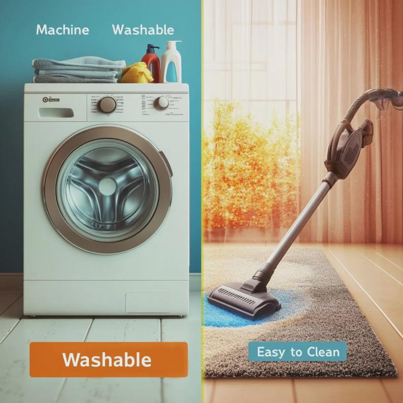 May include: A white front-loading washing machine with a stack of folded gray towels on top, next to a brown vacuum cleaner on a textured gray rug. The text "Machine Washable" appears above the washer, and "Easy to Clean" is on the rug.