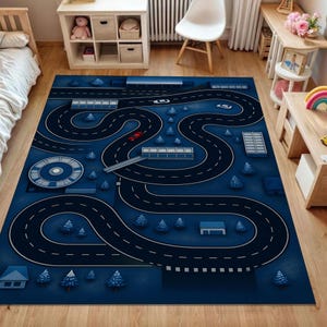 Car Play Rug for Kids Room – Interactive City Road Race Track Rug with Cars, Buildings & Trees, Fun Nursery Play Mat for Toddlers and Boys