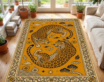 Leopard Rug, Vintage Folk Art Rug, Boho Animal Rug, Maximalist Decor, Jungle Area Rug