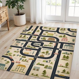 Plan de la ville, tapis de jeu pour enfants avec routes, voitures et maisons, tapis fantaisie pastel pour chambre de tout-petit ou de chambre d'enfant, tapis de sol imaginatif