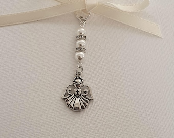 Wedding Bouquet Charm, Handcrafted Angel, White Pearls, Bridal Memorial Charm