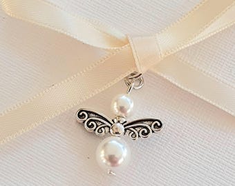 Handmade Angel Bridal Bouquet Charm, White Pearls, Tibetan Silver Wings