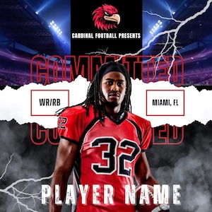 May include: A red and black football jersey with the number 32, worn by a player. The image includes the text "Committed" and "Cardinal Football Presents." The background features a stadium and lightning.