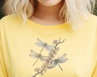Camiseta de libélula: Escena floral vintage de acuarela