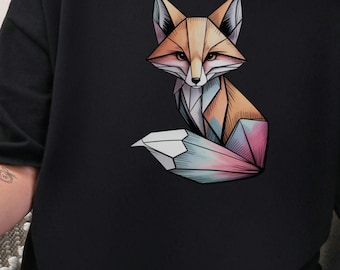 Camiseta de zorro origami: arte de líneas finas en tonos pastel, colores suaves