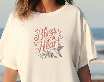 Camiseta "Bendice tu corazón": Camiseta vintage de colores cómodos con colibrí sureño