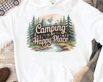 Sudadera con capucha "Acampar es mi lugar feliz": sudadera con gráfico de bosque vintage