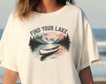 Camiseta de canoa vintage: Camiseta con estampado de acuarela de lago de montaña