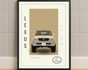Póster minimalista para entusiastas del Lexus LX470 / Impresión del icónico Land Cruiser Serie 100 / Arte mural para garaje u oficina para fanáticos de Toyota 4x4