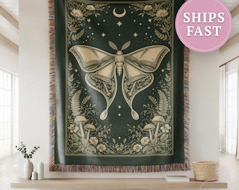 Luna Moth Book Tapestry Blanket, Dark Academia Wall Hanging, Bookish Gothic Decor, Cottagecore Fantasy Home Art