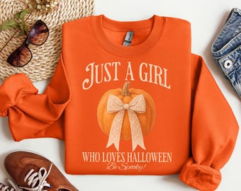 Halloween Lover Sweatshirt, Just A Girl Who Loves Halloween Sweater, Fall Sweatshirt, Cute Pumpkin Sweatshirt, Coquette Halloween Sweatshirt