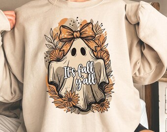 Ghost Theme Sweatshirt for Halloween Lovers, Gift for Ghost Fans, Cute Ghost Sweater, Coquette Bow Halloween Spirit Tee, Fall Ghost Sweater