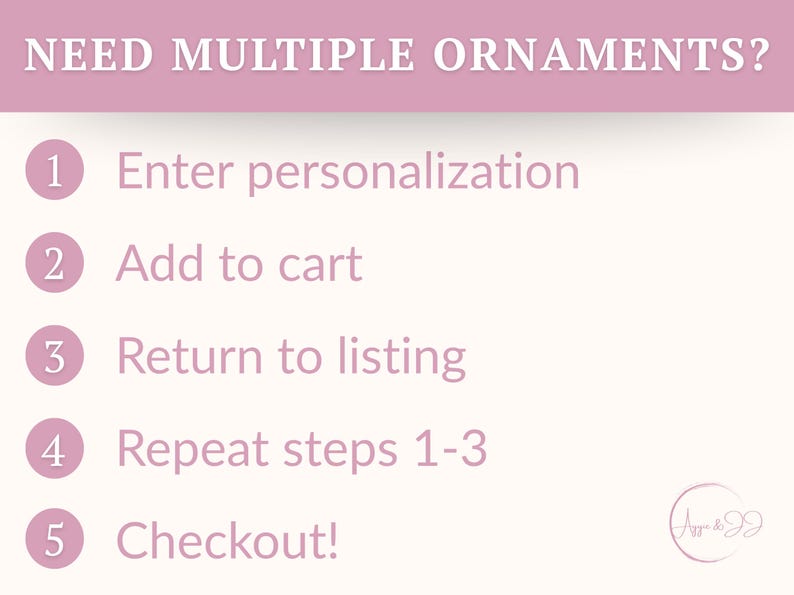 May include: A graphic with instructions for ordering multiple ornaments. The text reads "NEED MULTIPLE ORNAMENTS?" followed by numbered steps: Enter personalization, Add to cart, Return to listing, Repeat steps 1-3, and Checkout!