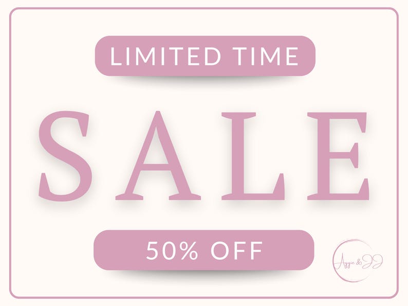 May include: A light pink and white graphic with the word "SALE" in large letters. Above the word "SALE" is the text "LIMITED TIME" and below it is "50% OFF". A small circular logo is in the bottom right corner.