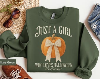 Halloween Lover Sweatshirt, Just A Girl Who Loves Halloween Sweater, Fall Sweatshirt, Cute Pumpkin Sweatshirt, Coquette Halloween Sweatshirt