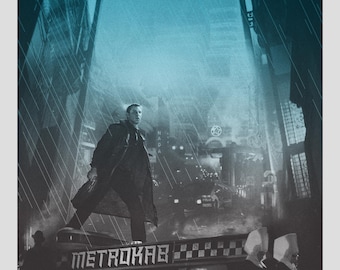 May include: A retro-style poster for the film "Blade Runner" featuring a man in a trench coat walking on a futuristic cityscape with a rainy, blue and grey colour scheme. The text "Blade Runner" is in a bold, blue font.