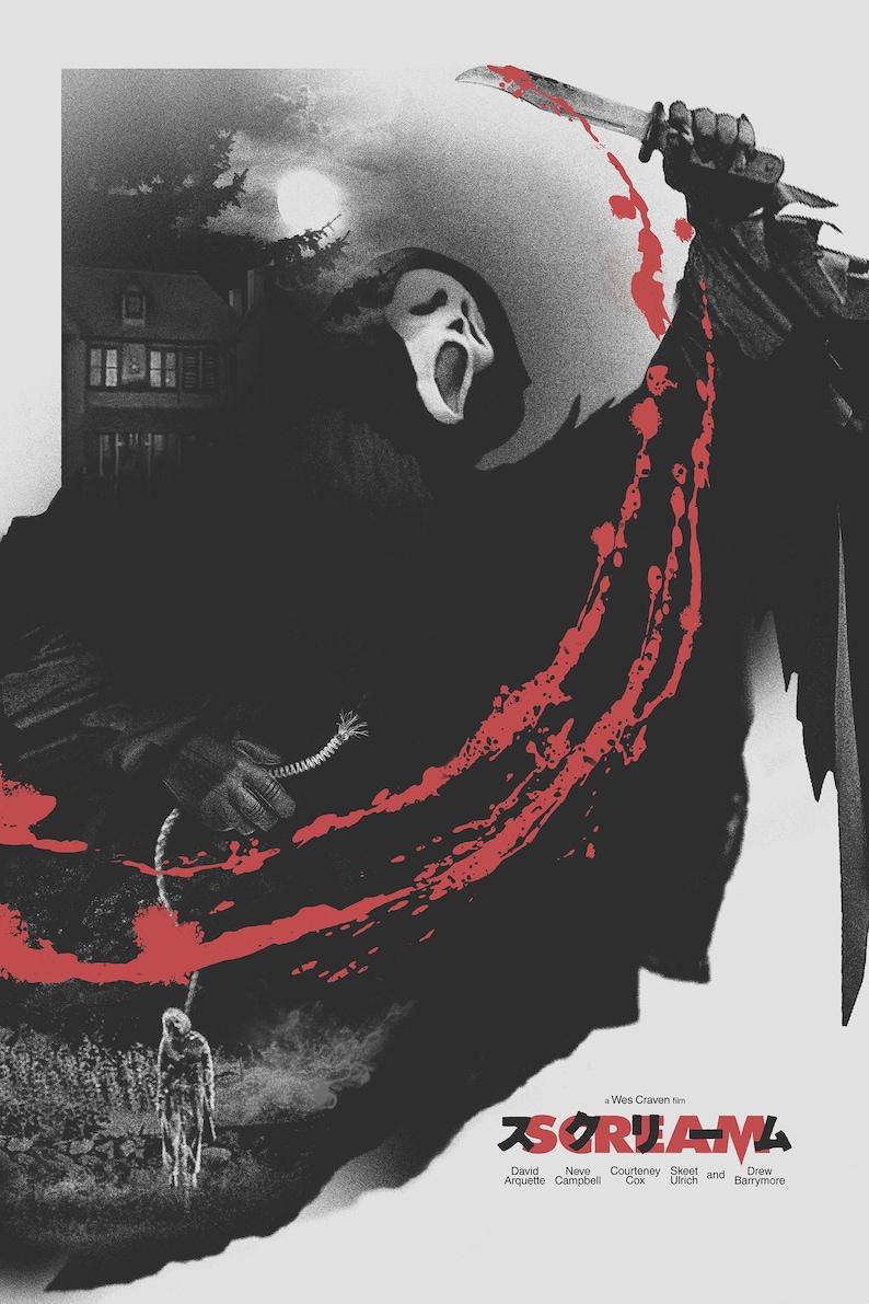 May include: A black and white poster with a red paint splatter design. The poster features a masked figure holding a knife and a hanging figure. The text on the poster reads 'Wes Craven's Scream 4' and lists the actors: David Arquette, Neve Campbell, Courteney Cox, Skeet Ulrich, and Drew Barrymore.