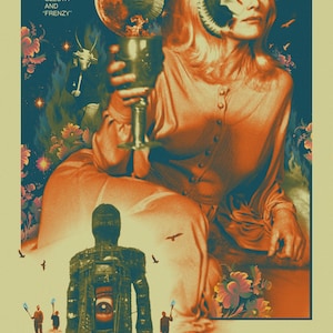 May include: A vintage movie poster for the film "The Wicker Man" featuring a woman in a red dress holding a goblet, a wicker man figure, and the film's title in a stylized font.