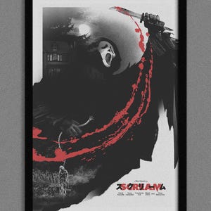 Puede incluir: Un p&oacute;ster en blanco y negro con un dise&ntilde;o de salpicaduras rojas. El p&oacute;ster presenta una figura enmascarada sosteniendo un cuchillo y el texto "SCREAM". El p&oacute;ster tambi&eacute;n incluye los nombres de los actores de la pel&iacute;cula, incluidos David Arquette, Neve Campbell, Courteney Cox, Skeet Ulrich y Drew Barrymore.