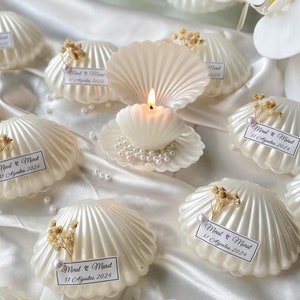 Sea Shell Handmade Candle Favors, Oyster Candle Box Decorated with Pearls, Personalized Wedding Candle Favors, Bride Shower Favors