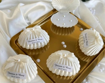 Sea Shell Handmade Candle Favors, Oyster Candle Box Decorated with Pearls, Personalized Wedding Candle Favors, Bride Shower Favors
