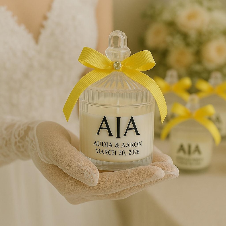 Personalized Wedding Favor Candle – Soy Wax, Yellow Ribbon - Etsy