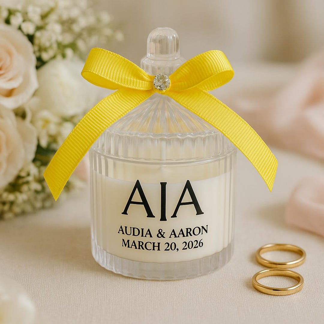 Personalized Wedding Favor Candle – Soy Wax, Yellow Ribbon - Etsy