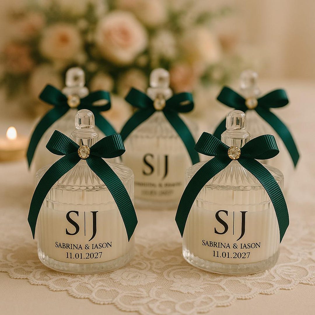 Personalized Soy Wax Wedding Favor Candle – Emerald Green Ribbon - Etsy