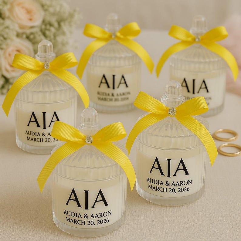 Personalized Wedding Favor Candle – Soy Wax, Yellow Ribbon - Etsy