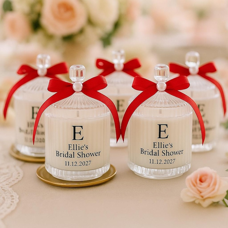 Personalized Bridal Shower Candle Favors – Soy Wax, Red Ribbon, Gift ...