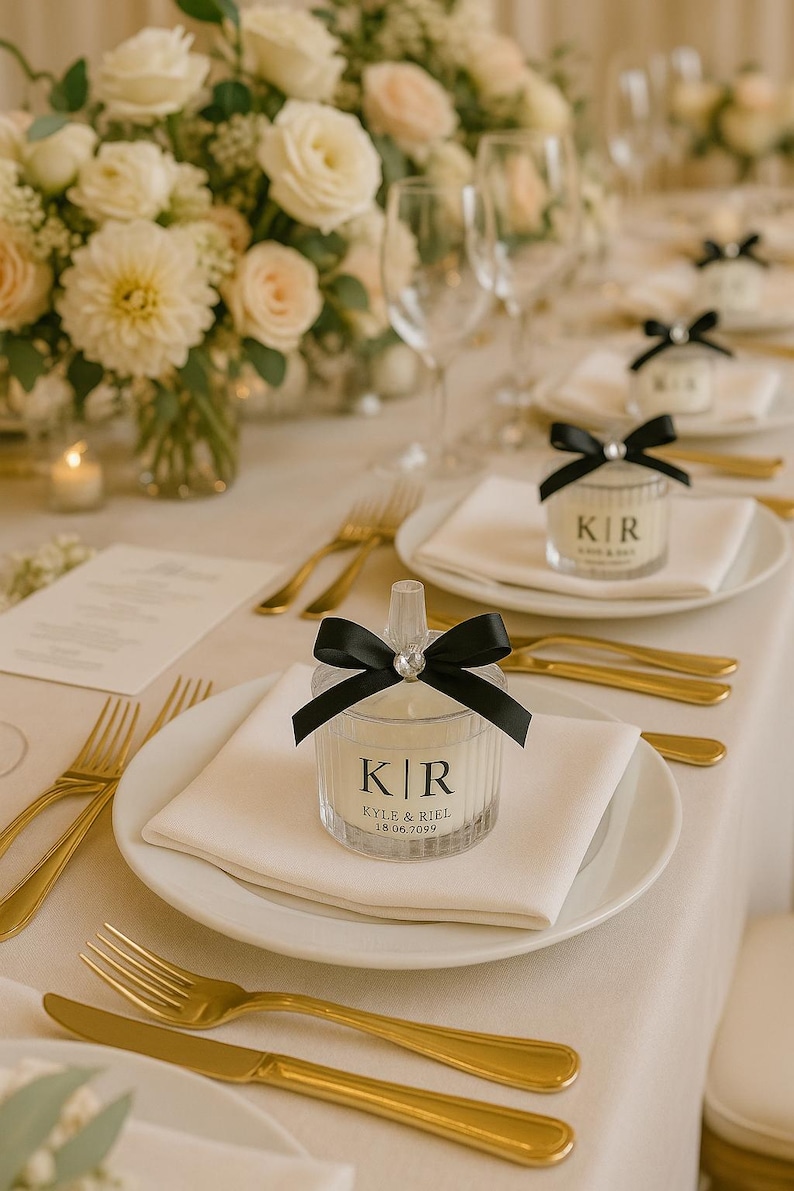 K&ouml;nnte beinhalten: Hochzeitstafel mit wei&szlig;en Tellern, Servietten und goldenem Besteck. Klare Kerzen-Gastgeschenke mit schwarzen Schleifen und den Initialen "K|R" sind auf jedem Teller platziert. Blumenschmuck und Kerzen erg&auml;nzen die elegante Dekoration.