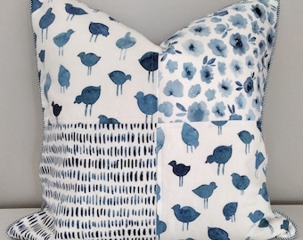 Patchwork watercolour blue cushion cover, Hamptons cushion cover,  Blue and white cushions