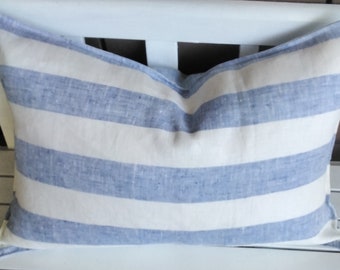 Blue and white linen Hamptons cushion cover, Coastal cushion cover