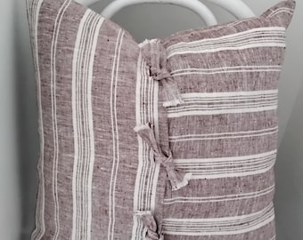 Berry Red and  cream striped linen cushion cover