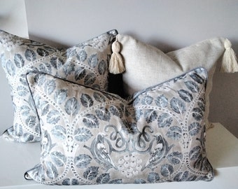 Luxury linen cushion cover, blue and beige cushion cover, Hamptons cushion cover