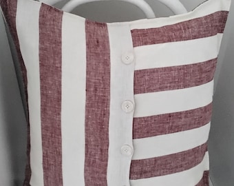 Raspberry red and cream striped linen cushion cover, European Linen, Made in Australia