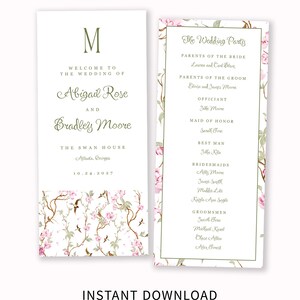 Puede incluir: Programa de boda con diseño floral y los nombres Abigail Rose y Bradley Moore. El programa incluye los detalles de la fiesta de bodas y la fecha, 24 de octubre de 2027. Las palabras "Descarga instantánea" están en la parte inferior.