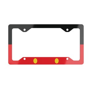 May include: A license plate frame with a black top and red bottom, featuring yellow circles and a black and red side design. The frame has four mounting holes.