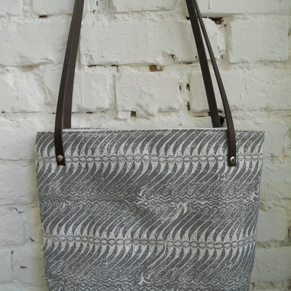 Sale Medium Linen  tote bag hand block printed with long leather handles Mizu in Oyster