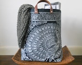 Indigo Fabric bin, laundry basket hand printed In Peacock Eden by Papa Totoro