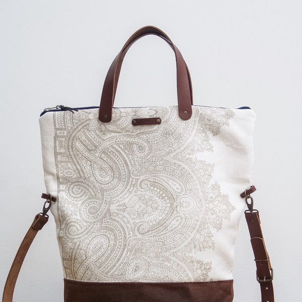 50% OFF SALE Large foldover tote block print and waxed canvas day bag with leather handles