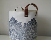 Large hand printed fabric storage bin storage Hamper in Baron with leather handles Made to Order
