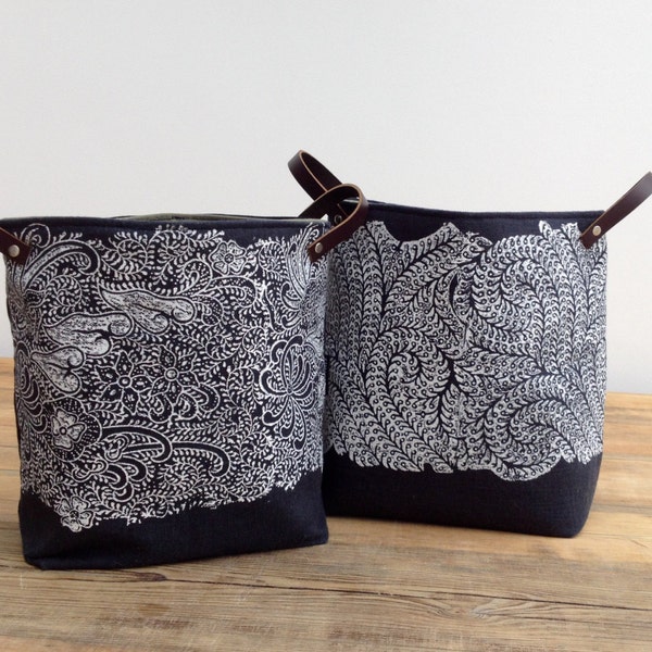 SALE Hand printed Indigo Storage fabric  bucket fabric bin In Kimono Blossom and Burrows  with leather handles