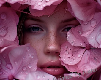 Woman in Pink Flowers Portrait, AI Generated Art Print (Digital Download)