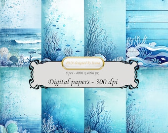 Blaues Meer Aquarell Texturen, Scrapbook Papier (digitaler Download)