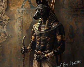 May include: A black dog with a human body wearing a gold and black Egyptian pharaoh costume. The dog is holding a staff in its right hand. The background is a wall with hieroglyphics.