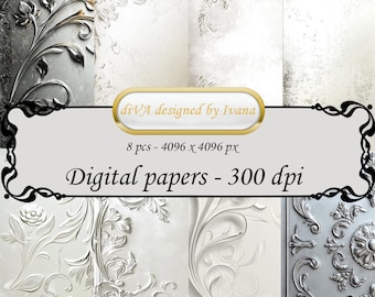 Könnte beinhalten: Ein Satz von acht digitalen Papieren mit einem silbernen und weißen, geprägten Blumenmuster. Die Papiere sind 4096 x 4096 Pixel groß und haben eine Auflösung von 300 dpi. diVA designed by Ivana.