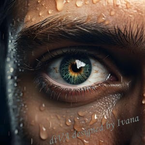 May include: Close-up of a green eye with a dark brown pupil. The eye is wet with water droplets, and the skin around the eye is also wet. The text "diva designed by Ivana" is visible in the lower right corner of the image.