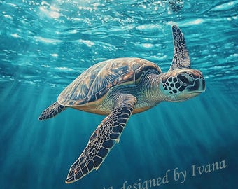 Lámina artística de tortuga marina, decoración oceánica para el hogar (descarga digital)